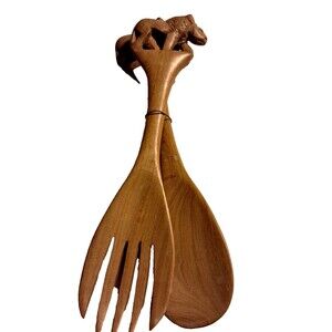 Hand carved Wooden 11 Inch Salad Servings Fork & Spoon Lions